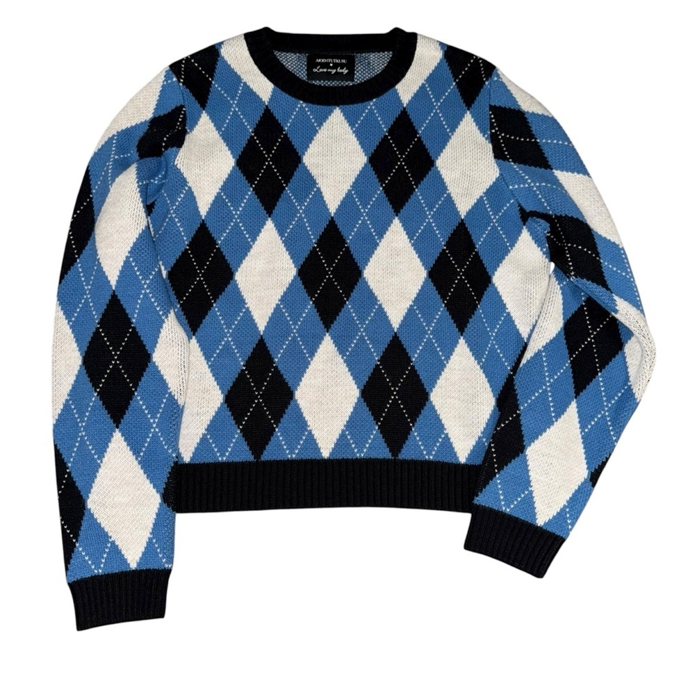 Modatutkusu Blue Black & White Argyle Crewneck Sweater Womens Size Large
